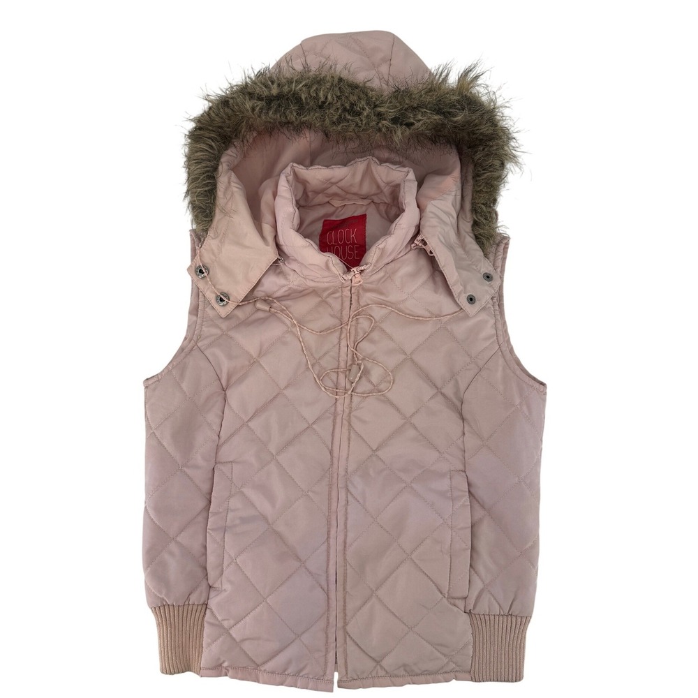 Clock House 80's Womens Pink Quilted‎ Puffer Vest Faux Fur Hood Size 8